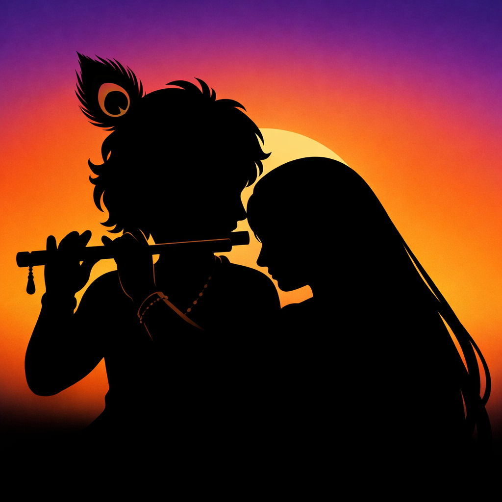 Radha Krishna silhouette against sunset gradient background with flute and peacock feather for DP